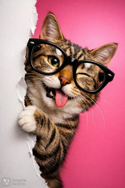 Забавный кот в очках выглядывает из-под бумаги яркий графический стиль. Генерация из нейросети Sora Ai Images