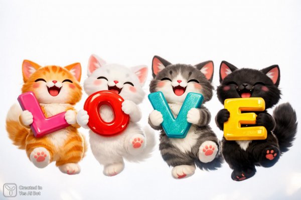 Котики с посланием любви: яркие иллюстрации в стиле каваи. Картинка из нейронной сети Sora Images