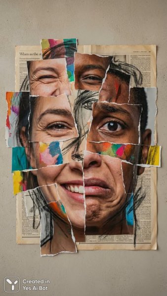 Эмоциональный коллаж: фрагменты лиц и контрастные чувства в высоком разрешении. Нейросеть Нано Банана