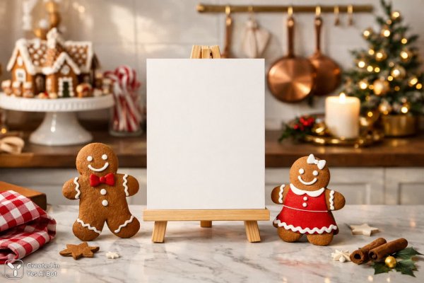 Праздничная открытка на деревянном подставке в уютной кухне. Нейронная сеть Sora Ai Images