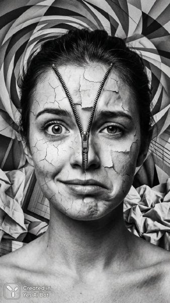 Разрушенное лицо с молнией: сюрреалистичный портрет и абстрактные узоры. Изображение из нейросети NanoBanana