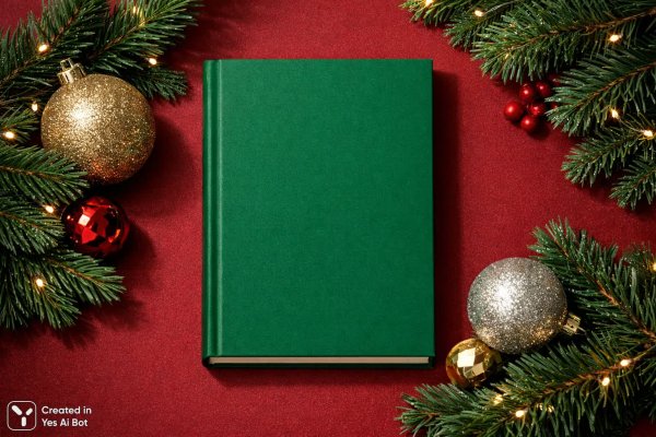 Зимняя сказка в стиле минимализм: книга среди еловых веток и украшений. Изображение из нейронной сети Sora Images