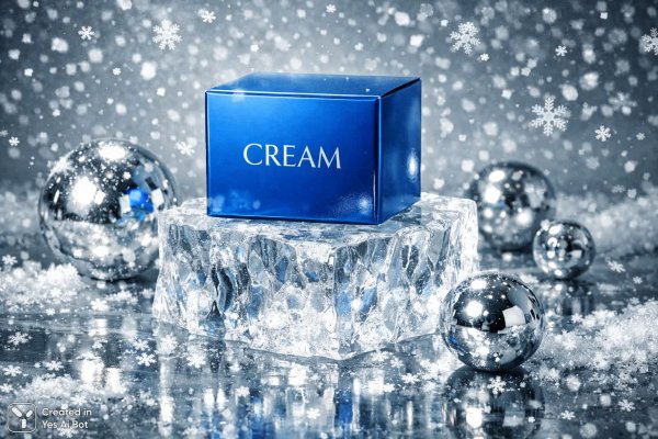 Зимняя свежесть: креативный брендинг с картонной коробкой и серебром. Изображение из нейросети Sora