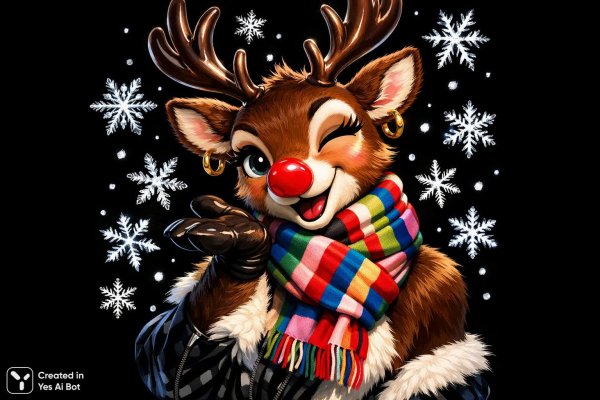 Забавный олень с красным носом и снежинками вокруг. Нейросеть Sora Images