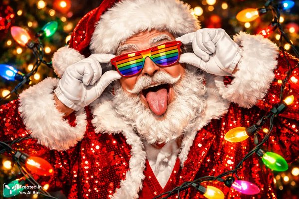 Веселый Санта в ярких очках и сверкающей куртке среди новогодних огней. Генерация из нейросети Sora