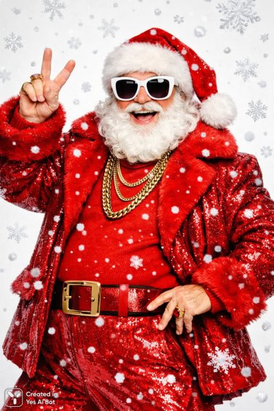Веселый Санта Клаус в стильном наряде и солнечных очках среди снежинок. Нейронная сеть Sora Ai Images