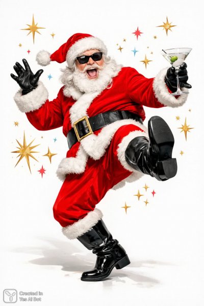 Весёлый Санта с мартини: безудержное праздничное настроение и яркие звёзды. Генерация из нейросети Sora Images