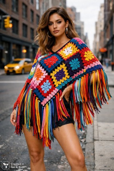 Яркий пончо ручной работы: мода на городских улицах и детализированный стиль. Картинка из нейронной сети Sora Images