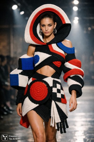 Элегантный подиум: авангардная вязка и смелые геометрические формы. Картинка из нейросети Sora Ai Images