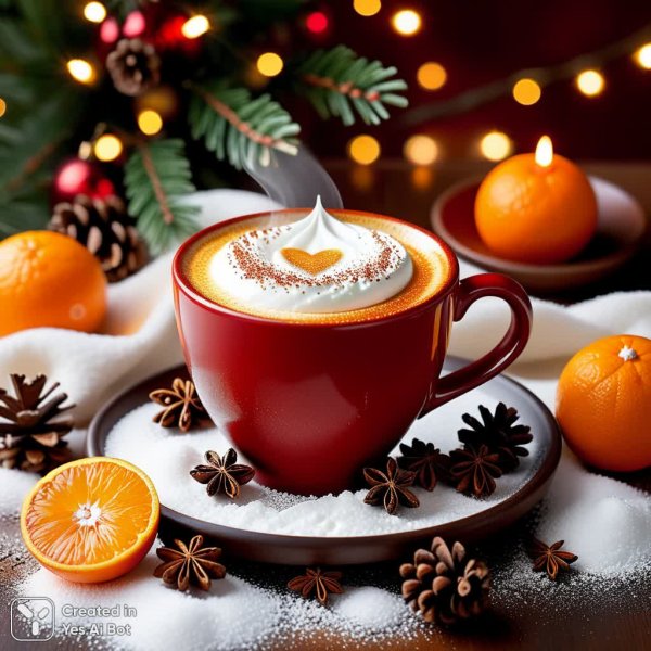Зимнее настроение: уютный кофе в объятиях праздничного декора и текстур. Генерация из нейронной сети Stable Diffusion