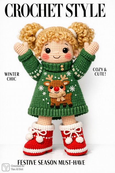 Кукла амигуруми в зеленом платье с оленями и золотыми кудряшками. Генерация из нейронной сети Sora