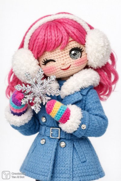 Забавная кукла с розовыми волосами и серебристыми глазами в зимней одежде. Картинка из нейросети Sora Ai Images