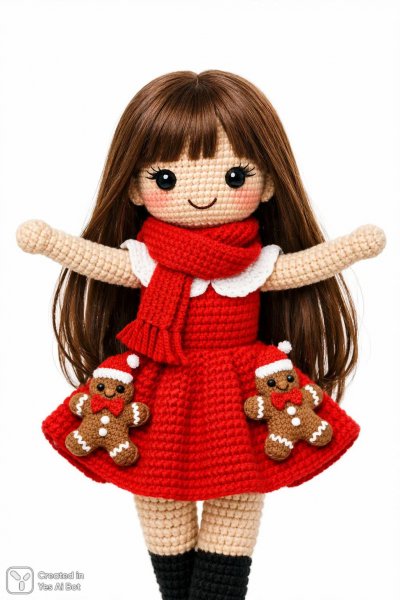 Вязаная кукла в красном платье и новогодних чулках с имбирными человечками. Изображение из нейросети Sora
