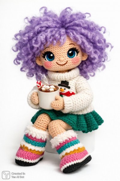 Милая вязаная кукла с фиолетовыми волосами и кружкой какао. Изображение из нейронной сети Sora Images