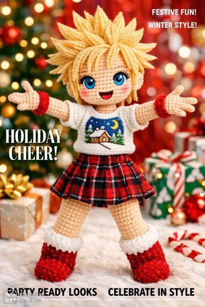 Зимняя кукла амигуруми в праздничном настроении. Генерация из нейронной сети Sora Images