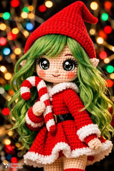 Вязаная кукла эльф с длинными зелеными волосами и новогодним настроением. Нейросеть Sora Image