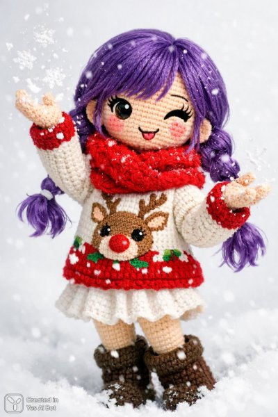 Милая вязаная кукла с фиолетовыми косичками и праздничным настроением в снегу. Изображение из нейронной сети Sora images Ai