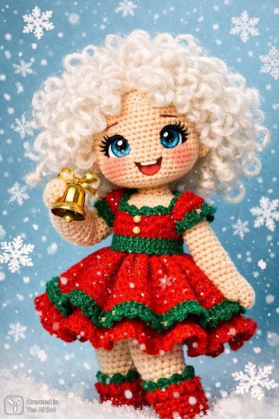 Вязаная кукла с белокудрыми локонами и синими глазами в праздничном наряде среди снежинок. Картинка из нейросети Sora Images