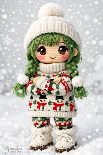 Вязаная кукла с зелеными косичками и снежинками: очаровательный образ зимнего волшебства в объятиях зимы. Изображение из нейронной сети Sora Image