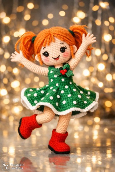 Очаровательная кукла ручной работы в зеленом платье с веселым настроением и огоньками. Изображение из нейронной сети Sora Image