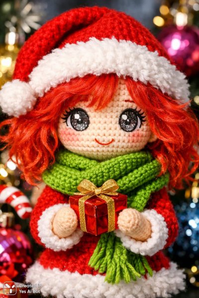 Новогодняя кукла ручной работы с ярким нарядом и праздничным настроением. Картинка из нейросети Sora
