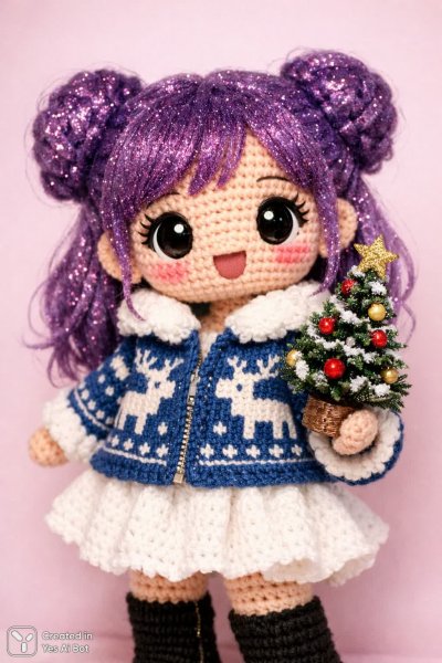 Милая вязаная кукла в новогоднем образе с оленями и розовым фоном. Изображение из нейросети Sora Ai Images