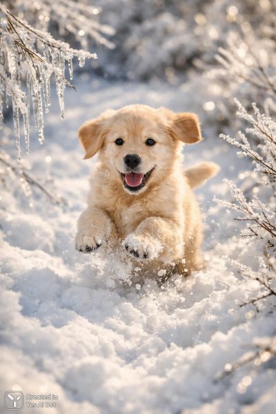 Золотистый щенок в зимней сказке: фотореалистичная радость и уют. Изображение из нейросети Sora images Ai