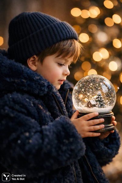 Зимнее волшебство: маленький мальчик и снежный шар в мягком свете bokeh. Генерация из нейронной сети Sora Images