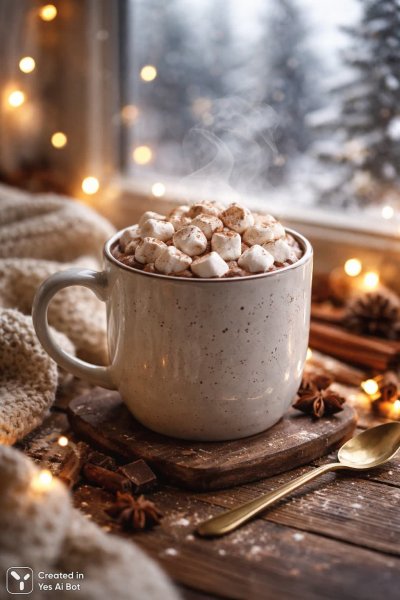 Уютный зимний пейзаж с горячим шоколадом и мягким светом боке. Изображение из нейросети Sora Images