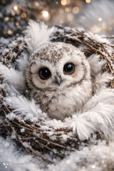 Пушистый сычик в зимнем гнезде: очарование и нежность маленького пернатого создания. Нейросеть Sora images Ai
