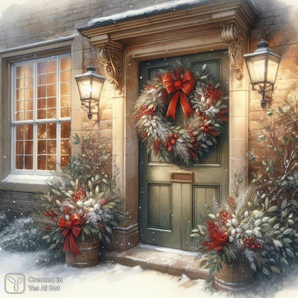 Английская идиллия: рождественский венок на старинной двери в декабре. Генерация из нейросети Dalle