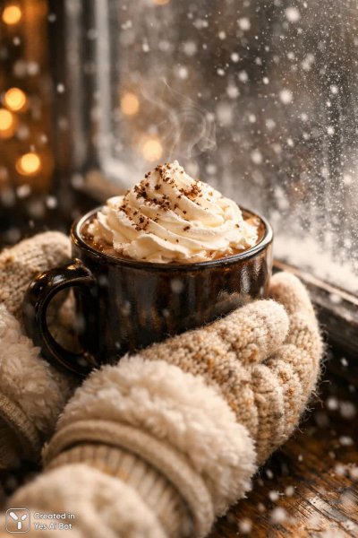 Зимнее чаепитие с какао в уютных руках. Генерация из нейронной сети Sora Images