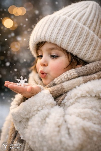 Зимнее чудо в деталях: нежность взгляда и мягкий свет на портрете ребенка. Нейросеть Sora Ai Images