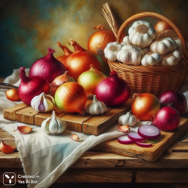 Уют сельской кухни: лук, чеснок и пасторальный натюрморт. Нейросеть Dalle