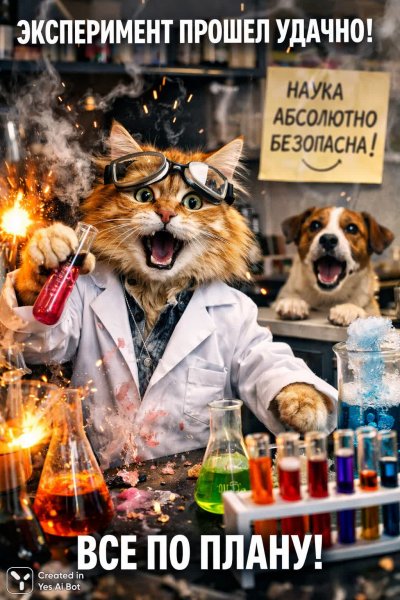 Безумный кот-ученый и хаос в лаборатории. Нейронная сеть Sora Ai Images