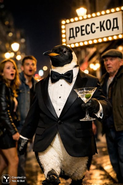 Пингвин в смокинге: неожиданный гость на ночной улице города. Картинка из нейронной сети Sora