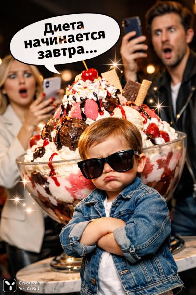 Разочарование ребенка перед гигантским мороженым: диета откладывается на завтра. Нейросеть Sora images Ai