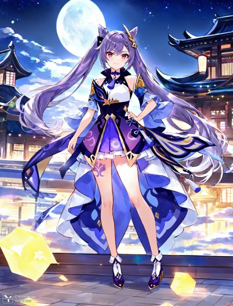 Кэйа на крыше: лунный свет и город в огнях. Генерация из нейросети Stable Diffusion