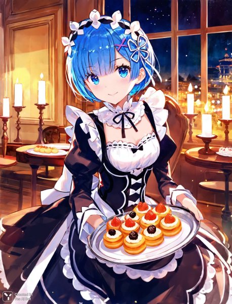 Вечерний свет: служанка с изысканным угощением в волшебной атмосфере Re:Zero. Изображение из нейронной сети Stable Diffusion