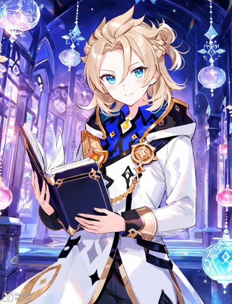 Уверенный взгляд: алхимик в белом халате и скетчбуке в мире Genshin Impact. Картинка из нейросети Stable Diffusion