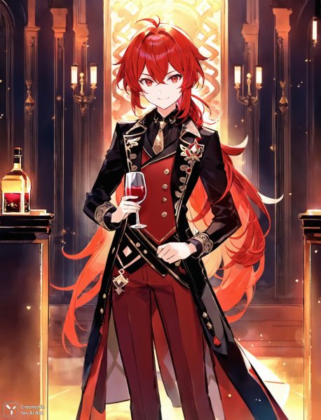 Дилюк с вином: вечерний свет и уверенный взгляд в Genshin Impact. Изображение из нейросети Stable Diffusion