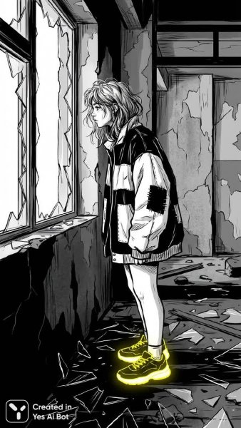 Заброшенный дом и яркий акцент: монохромная элегия молодости. Генерация из нейросети Nano-Banana