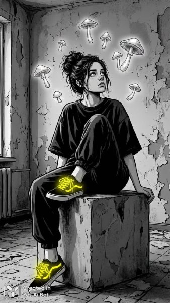 Монохромная медитация: девушка и грибы в бетонном пространстве. Изображение из нейросети Нано Банана