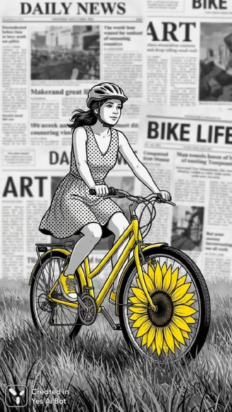 Яркий велосипед в черно-белом мире с солнечным настроением и летним днем. Нейросеть Nano-Banana
