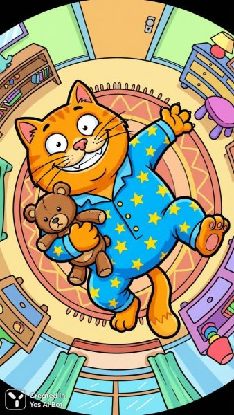 Забавный котик в пижаме с жёлтыми звёздочками и плюшевым мишкой. Нейросеть Nano Banana