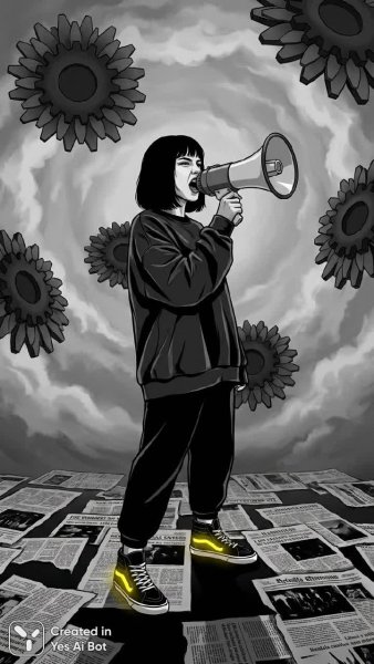 Яркий акцент на кедах в монохромном мире снов и новостей. Генерация из нейросети Nano Banana