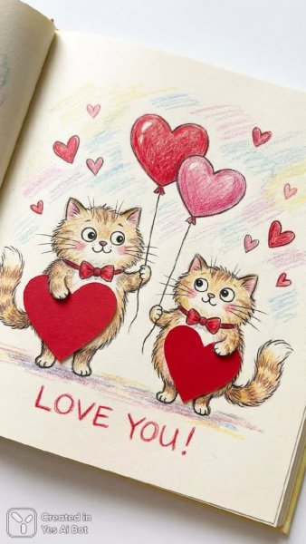 Милые котики на день святого Валентина в детском стиле иллюстрации. Изображение из нейросети NanoBanana