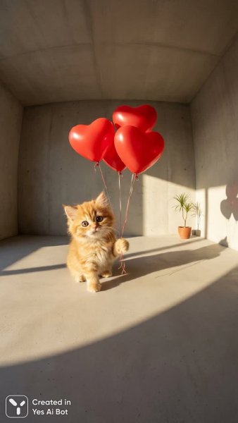 Милый котёнок с воздушными шарами: минималистичный фотопортрет. Изображение из нейронной сети NanoBanana