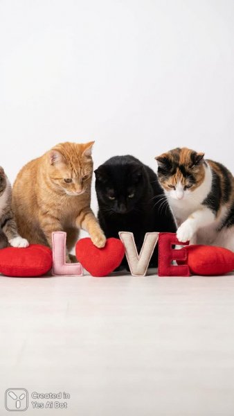 Милые котики и символ любви в фотореалистичной композиции. Нейросеть Nano-Banana