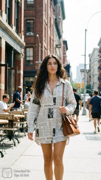 Стильная женщина в городском пейзаже с газетой и сумкой. Картинка из нейросети Нано Банана